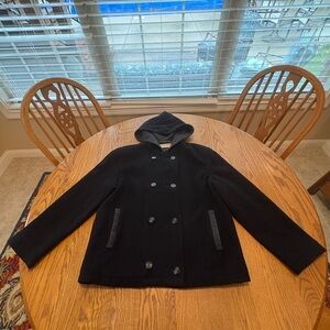 Sandro 100% Wool Black Vintage Hooded Pea Coat 10 Classic 90’s Preppy Style